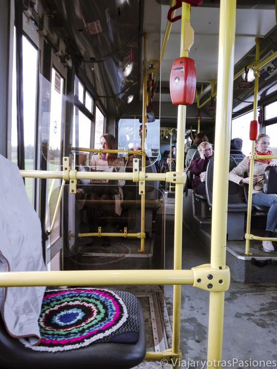 Interior del bus para ir a San Petersburgo desde el aeropuerto en Rusia